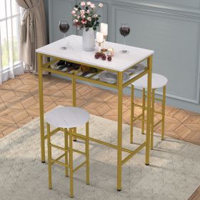 3 Piece Bar Table Set; Pub Table Counter Height Dining Set Breakfast Bar Table and 2 Stools with Storage Rack for Kitchen Home; White Marbling