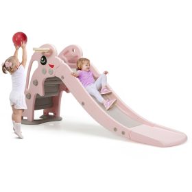 3-in-1 Kids Climber Slide Play Set w/Basketball Hoop Indoor & Outdoor Pink