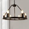 6 Light Round Farmhouse Carriage Wheel Pendant; Semi Recessed Chandelier w/ Black Metal E26