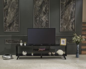 Parma Mid Century Modern Tv Stand Open Shelving Entertainment Centre 67 inch Tv Unit; Black