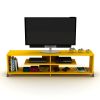 Mid Century Modern Tv Stand 4 Shelves Open Storage Wood Legs Entertainment Centre 57 inch Low Tv Unit; Walnut/Yellow