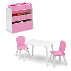 Children 4-Piece Toddler Playroom Set â€“ Includes Play Table and Toy Organizer; Pink/White