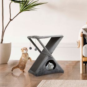 Folding Cat Tower Tree, 2-Tier Pet House with Scratching Pad, Cat Nest Hammock for Small to Middle Kitten - Gray XH