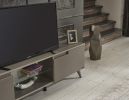 Denver Mid Century Modern Tv Stand 2 Door Cabinets 1 Glass Shelf 66 inch Tv Unit; Brown