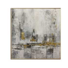 100% Handmade Gold Foil Abstract Oil Painting  Wall Art Modern Minimalist City Building Canvas Home Decor For Living Room No Frame (size: 60x60cm)